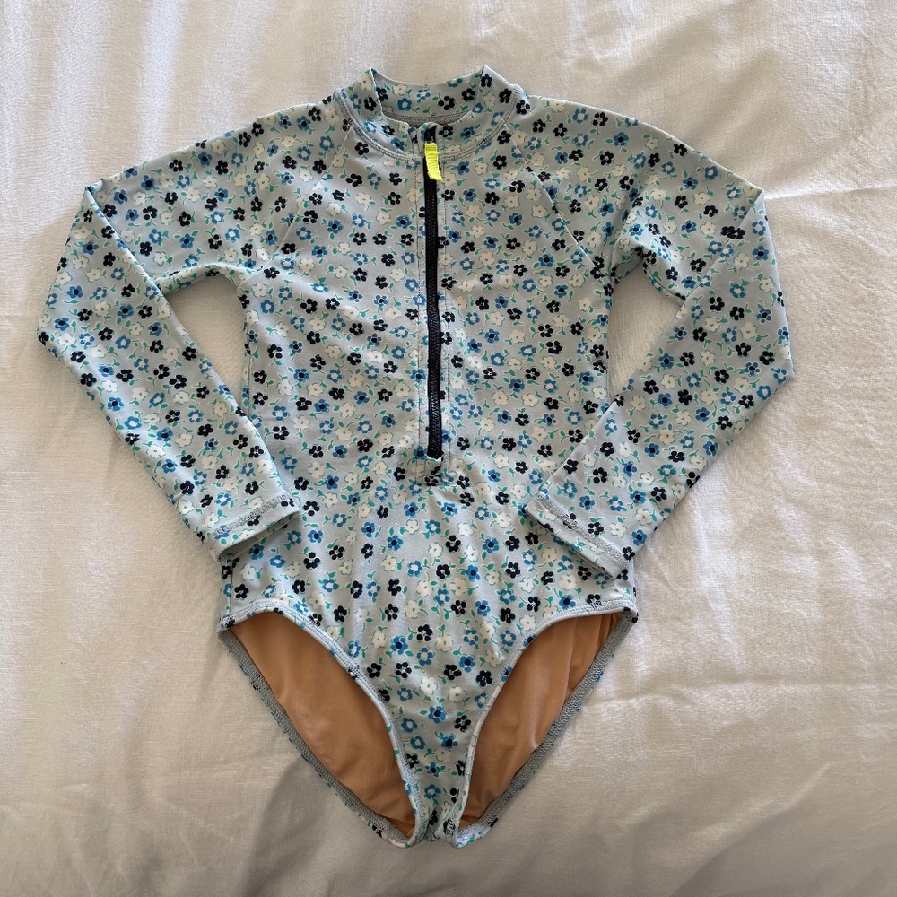 Jcrew Crewcuts Girls Blue Floral Swimsuit Rashguard Size 6/7